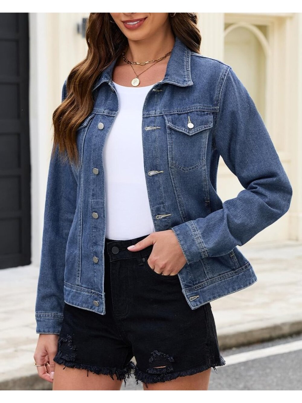 〽️ Women’s Knight Blue Long Sleeve Button Down Cropped Fitted Denim Jean Jacket - Picture 5 of 5